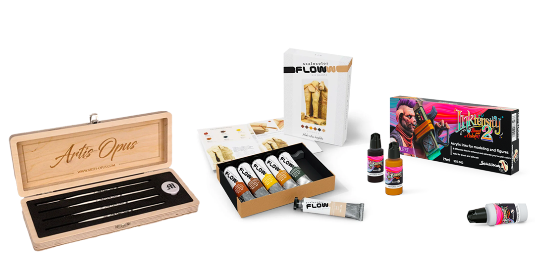 Miniature painting supplies, including Artis Opus brushes and paint sets from Scale75