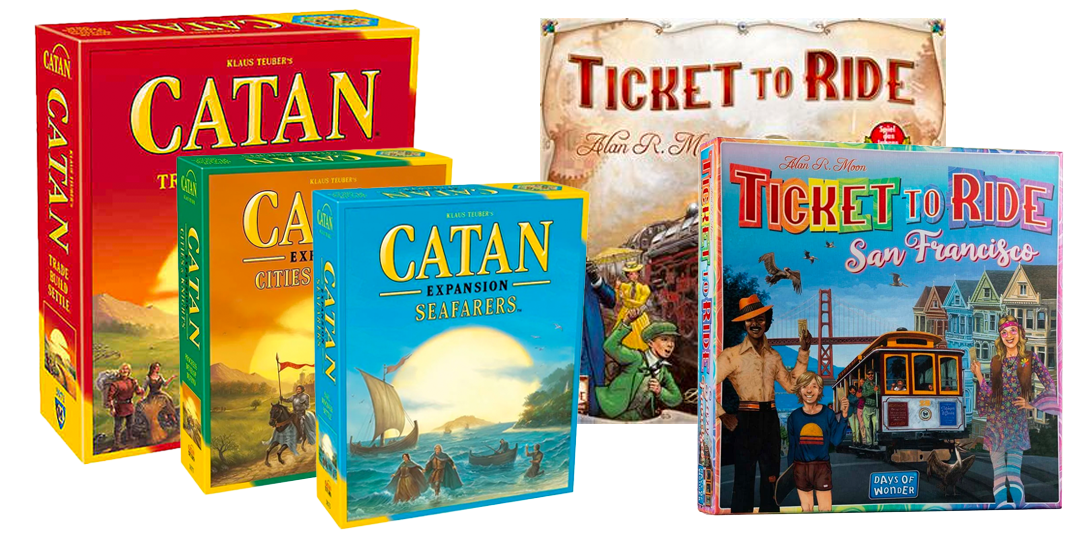 Modern classics board games, including Catan, its Seafarers and Cities and Knights expansions, Ticket to Ride, and Ticket to Ride San Francisco
