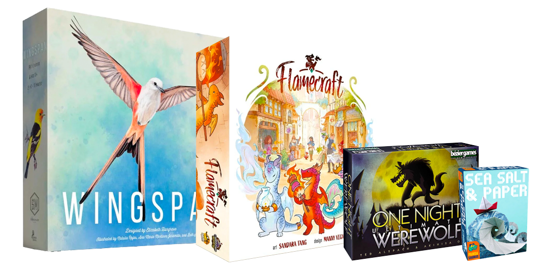 Board games great for new gamers, including Wingspan, Flamecraft, One Night Ultimate Werewolf, and Sea Salt and Paper