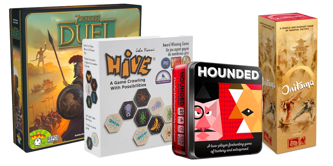 Two player games, including 7 Wonders Duel, Hounded, Hive, and Onitama
